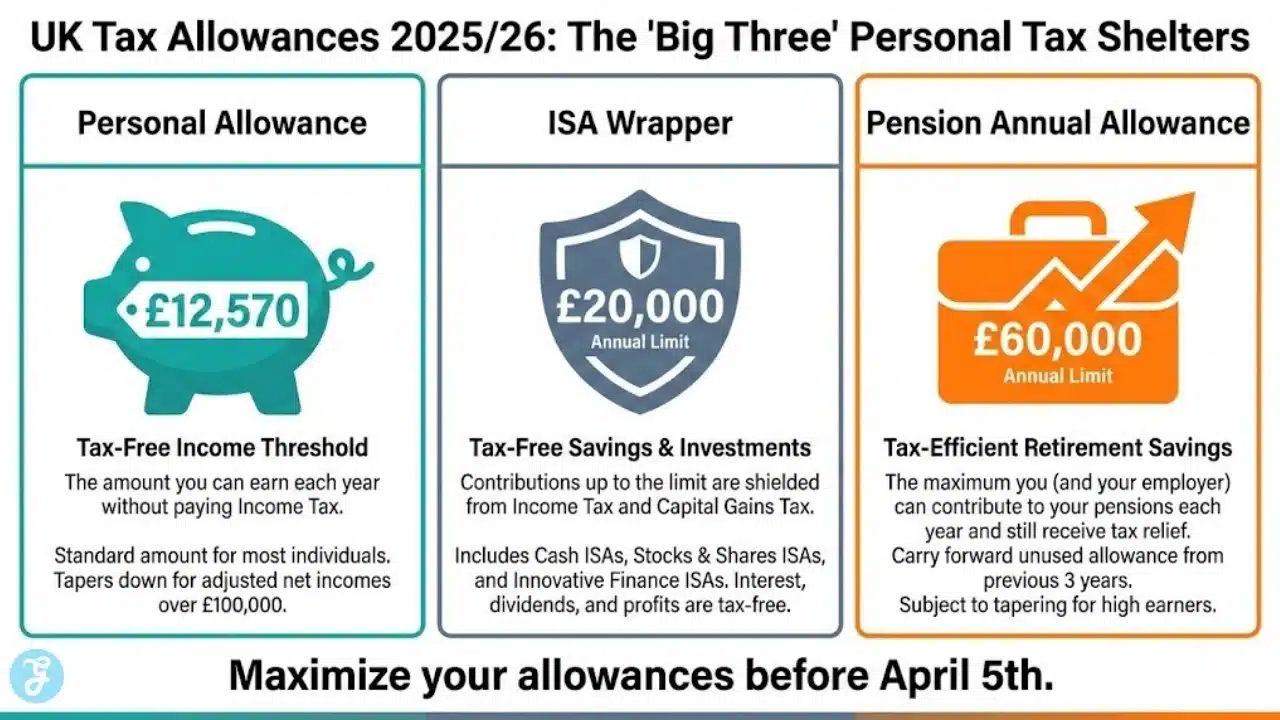 An infographic summarizing the top three UK tax allowances for 2025/26: ISAs, Pensions, and the Personal Allowance.