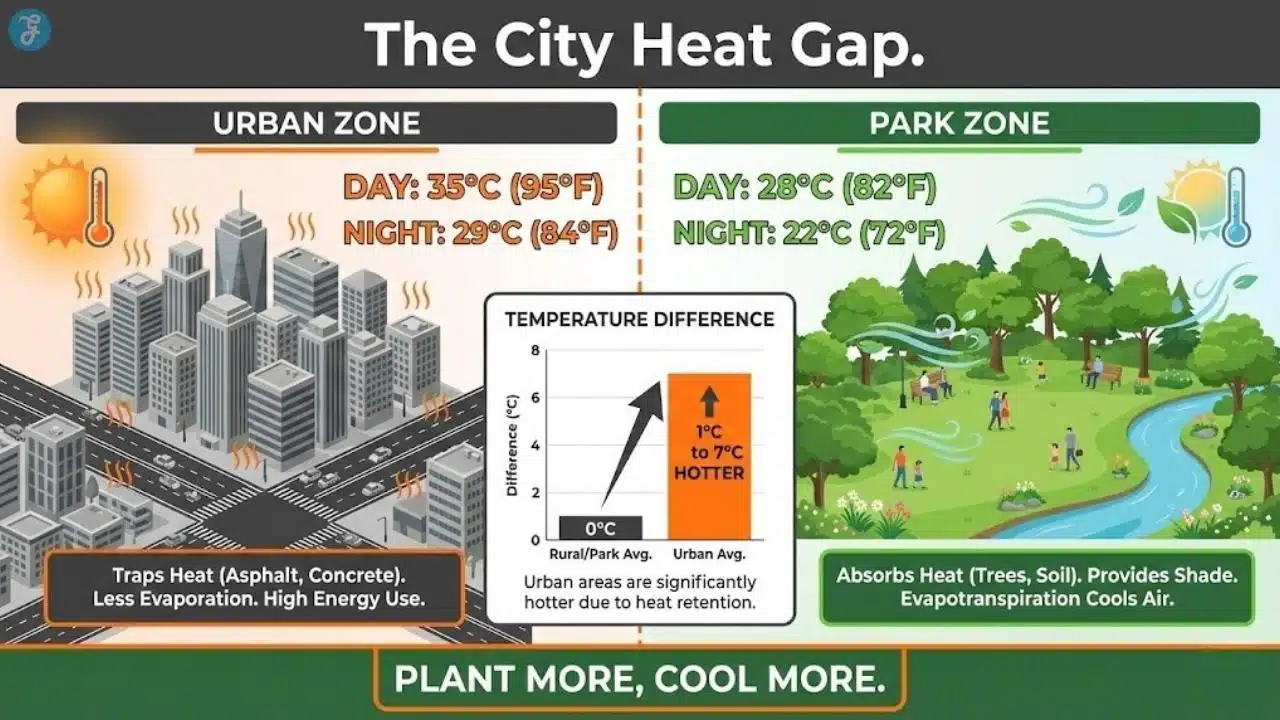 A side-by-side comparison infographic showing the temperature gap between concrete urban zones and green park areas.