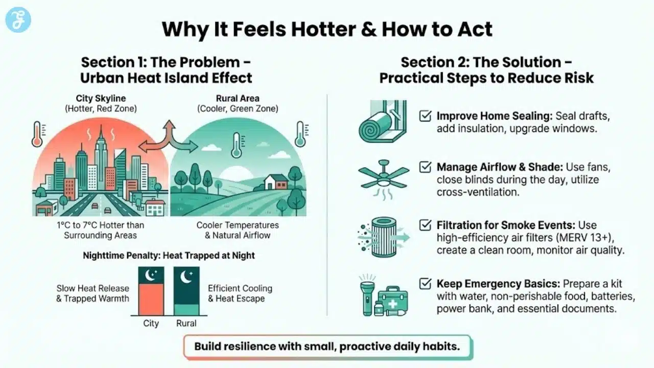 A landscape infographic explaining the Urban Heat Island effect with a comparison chart, followed by a checklist of practical steps like insulation and emergency kits to build resilience.
