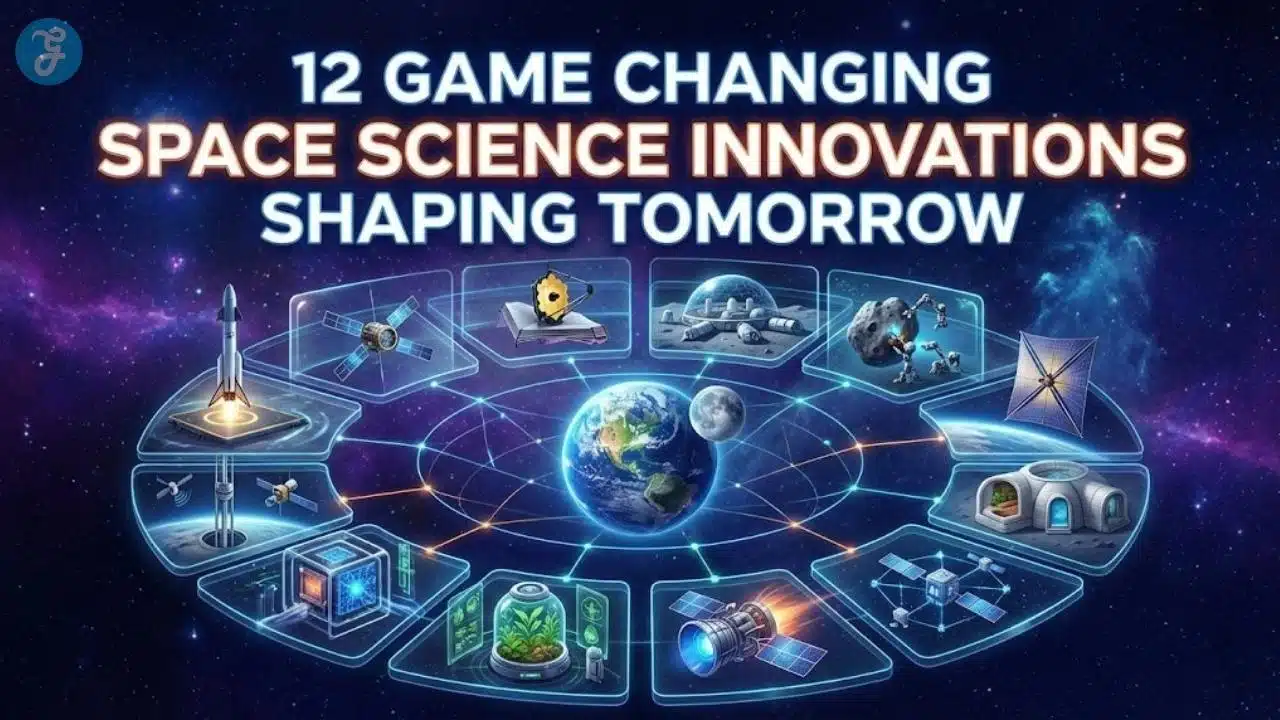 Digital illustration displaying 12 key space science innovations, including reusable rockets and lunar bases, orbiting a glowing Earth.