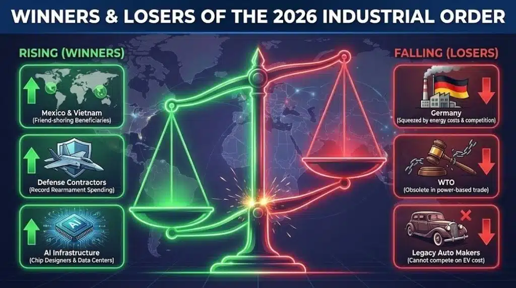 Infographic scale comparing rising sectors like AI/Defense against falling legacy auto and German industry.