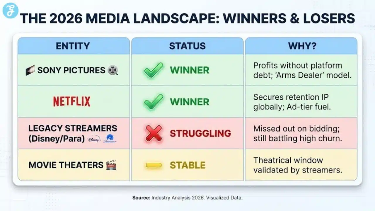 Data table classifying Sony and Netflix as winners of the 2026 streaming landscape compared to legacy competitors.