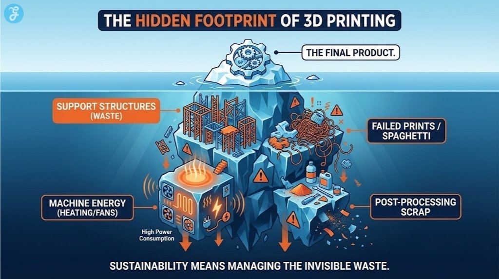 An iceberg infographic where the visible tip is the "Final Print," and the underwater portion reveals "Supports," "Failed Prints," and "Energy Use."