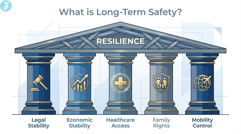 An infographic illustrating the five pillars of long-term safety—Legal, Economic, Healthcare, Family, and Mobility—supporting a roof labeled "True Stability."