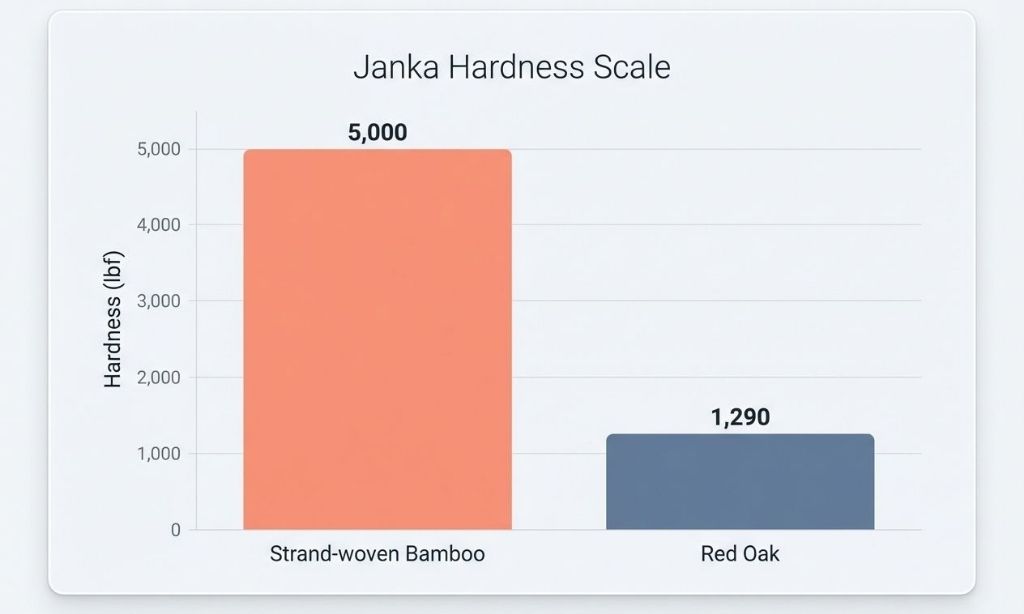 Chart showing Janka Hardness Scale comparison between Strand-woven Bamboo and Red Oak
