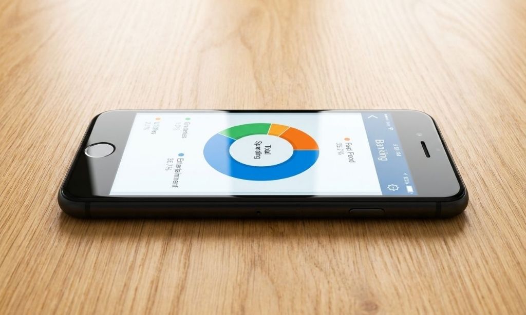 Close-up of a smartphone screen displaying a banking app with spending categories for Fast Food and Entertainment.