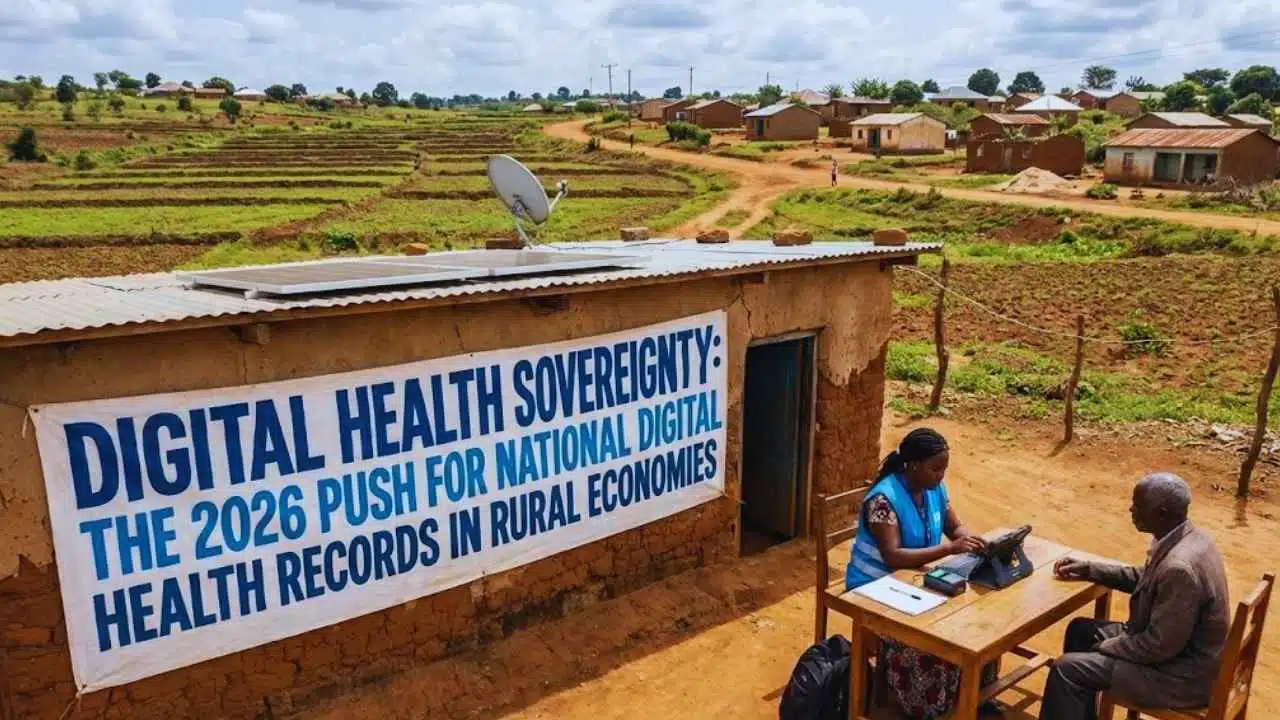 A health worker registers an elderly patient using a laptop at a rural health clinic in Africa