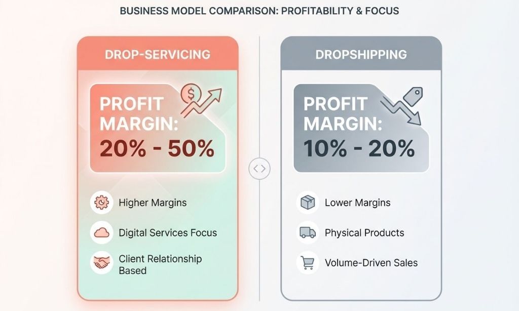 Comparison chart showing higher profit margins for Drop-Servicing versus Dropshipping