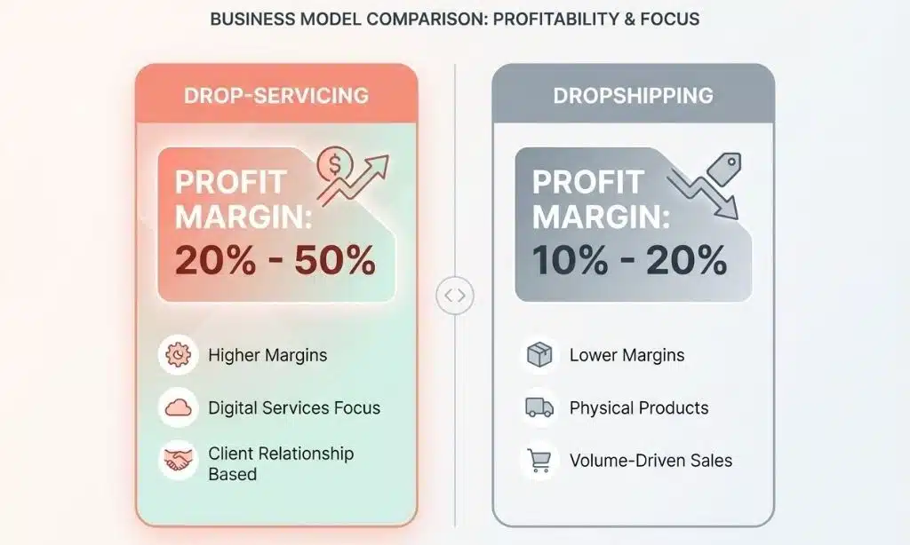 Comparison chart showing higher profit margins for Drop-Servicing versus Dropshipping