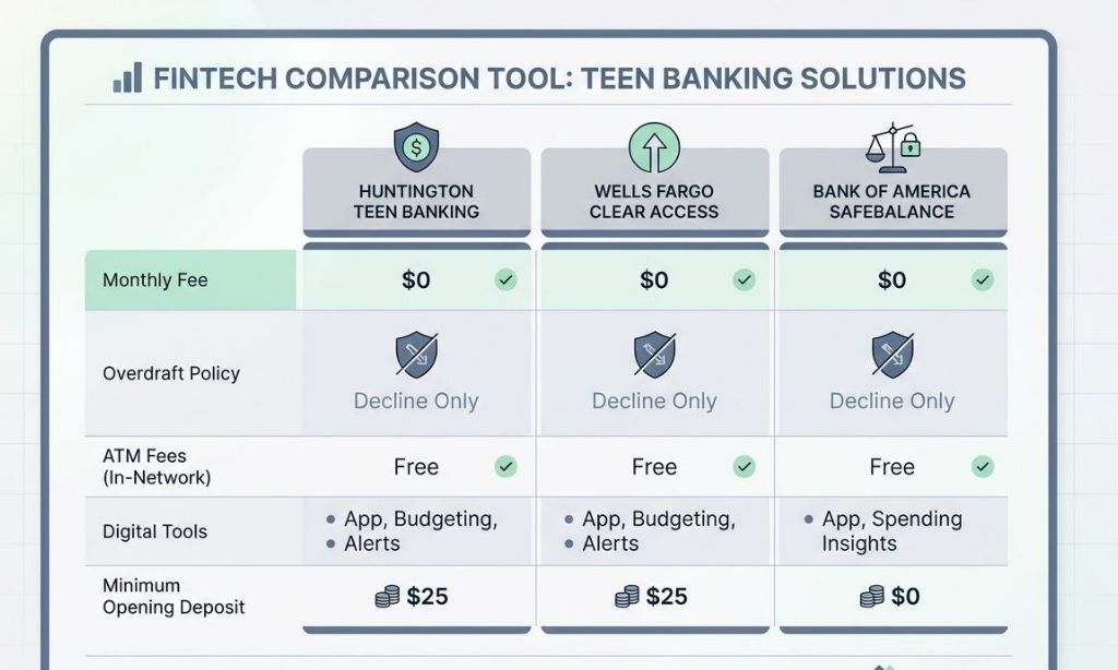 Comparison chart showing zero monthly fees for Huntington, Wells Fargo, and Bank of America teen accounts.