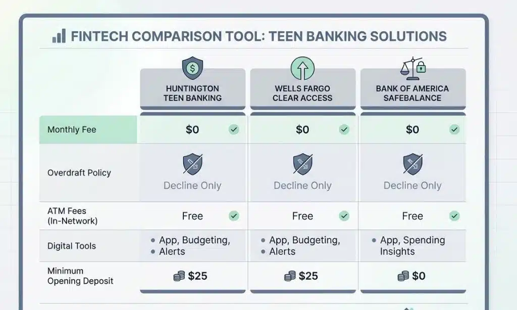 Comparison chart showing zero monthly fees for Huntington, Wells Fargo, and Bank of America teen accounts.