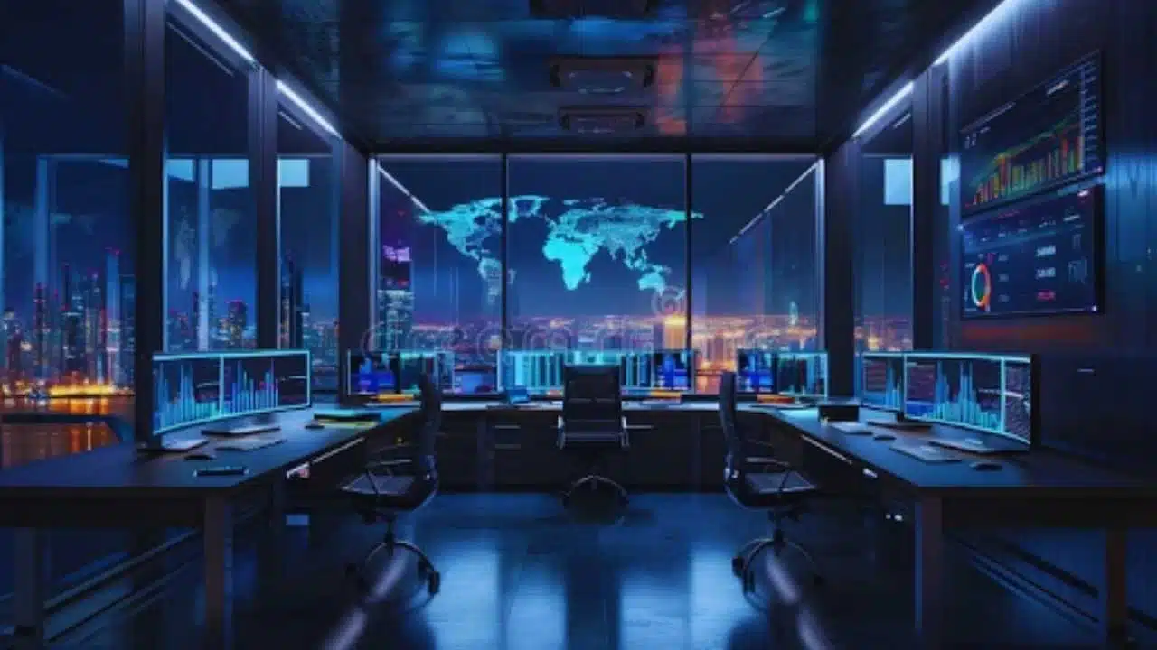 Modern Office with a night view of a futuristic city with data displays showing banking oversight