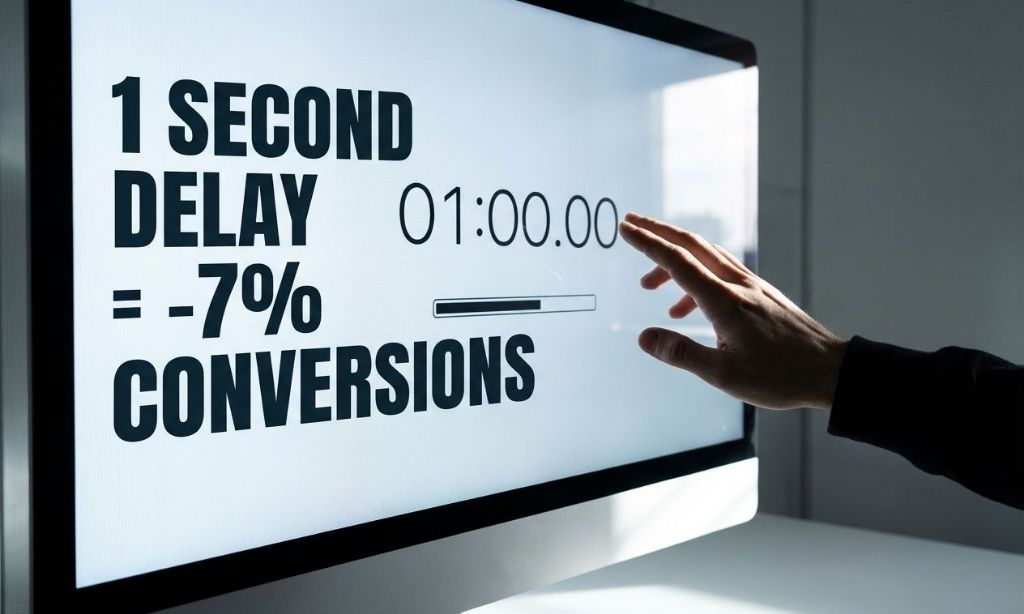 Conceptual visualization of website delay causing 7% conversion reduction