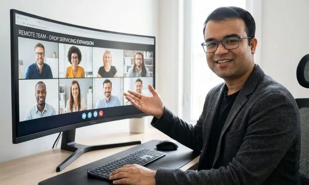 I am collaborating with a remote team of freelancers via a large video conference screen