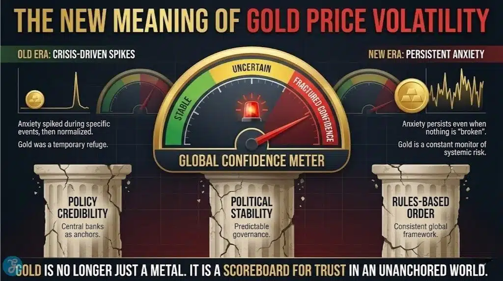 A professional 16:9 landscape infographic titled "The New Meaning Of Gold Price Volatility." The central visual is a "Global Confidence Meter" with the needle in the red "Fractured Confidence" zone. Below, three crumbling pillars represent eroded assumptions: "Policy Credibility," "Political Stability," and "Rules-Based Order," depicting gold as a "Scoreboard for Trust."