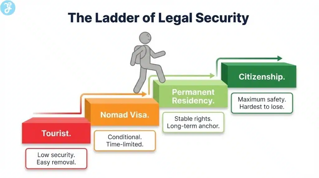 A staircase infographic showing the progression of security from Tourist to Visa to Permanent Residency to Citizenship.