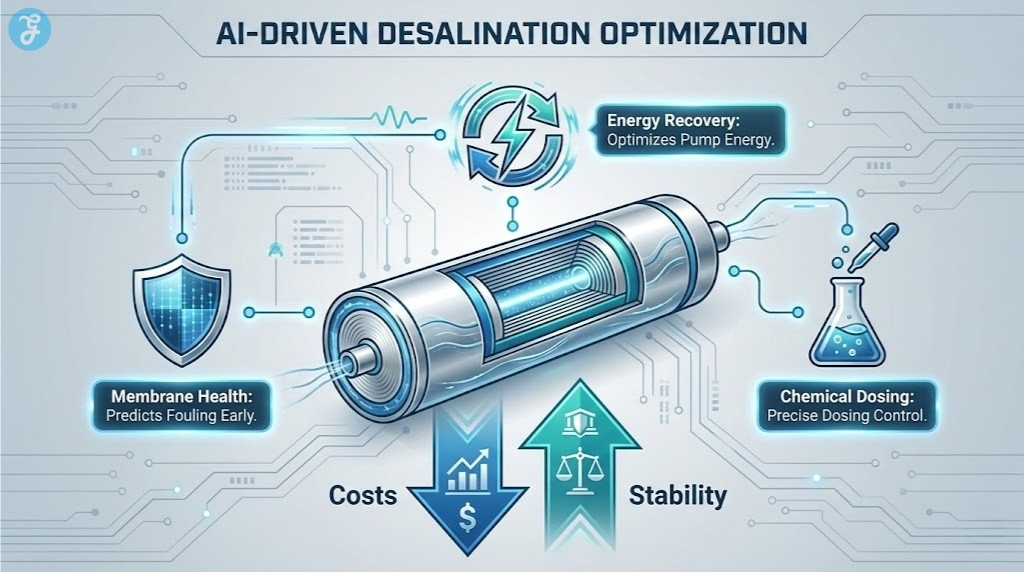 A diagram of a desalination reverse osmosis process, highlighting where AI optimizes pumps, membranes, and chemical dosing to save energy.