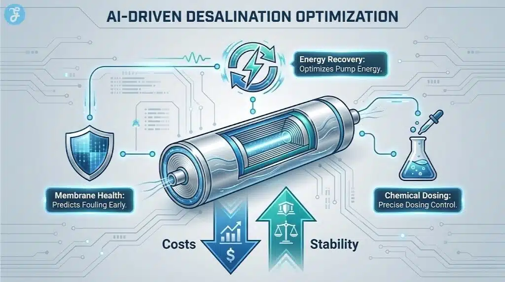 A diagram of a desalination reverse osmosis process, highlighting where AI optimizes pumps, membranes, and chemical dosing to save energy.
