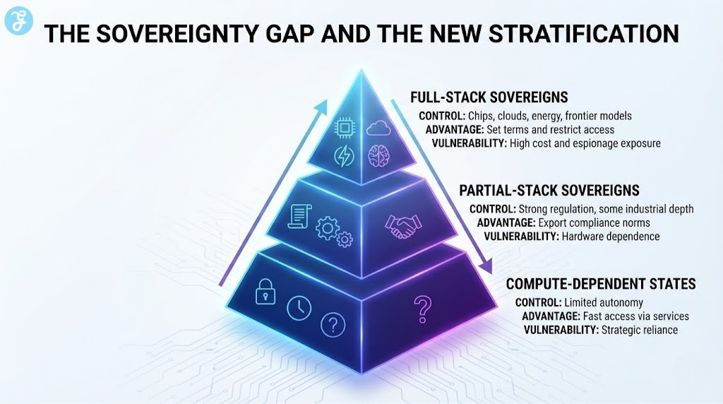 A tiered pyramid infographic titled 'The Sovereignty Gap and the New Stratification.' It illustrates a geopolitical hierarchy based on AI control, with Full-Stack Sovereigns at the top, Partial-Stack Sovereigns in the middle, and Compute-Dependent States at the bottom, detailing their respective controls and vulnerabilities.