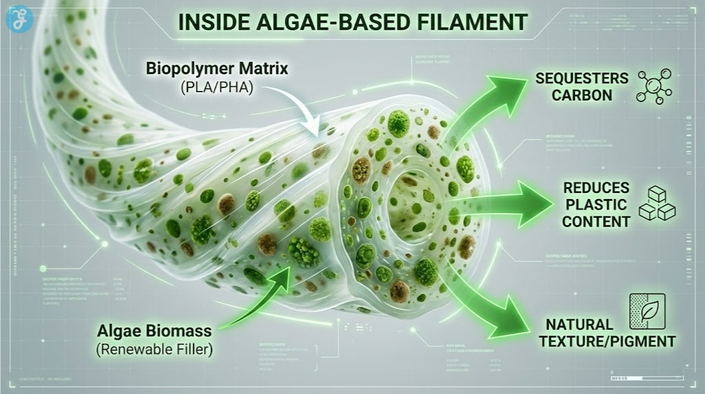 A deconstructed view of an algae-based filament strand, showing the mix of biopolymer matrix and algae biomass filler.