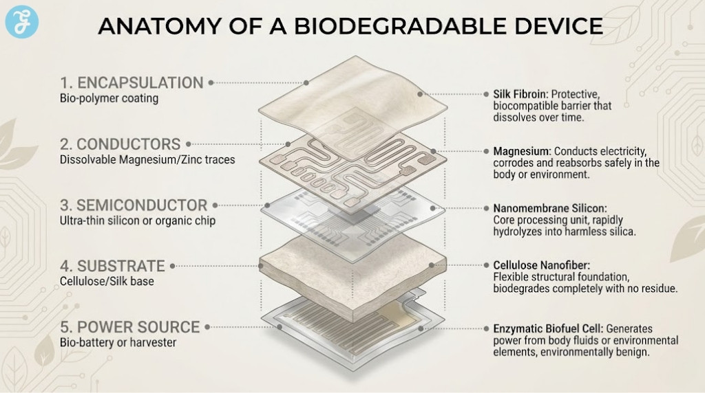 Exploded view infographic showing the components of a biodegradable electronic device, including encapsulation, conductors, semiconductor, substrate, and power source.