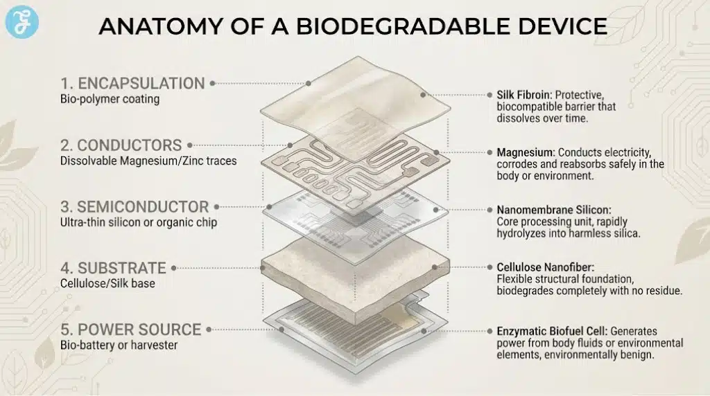 Exploded view infographic showing the components of a biodegradable electronic device, including encapsulation, conductors, semiconductor, substrate, and power source.