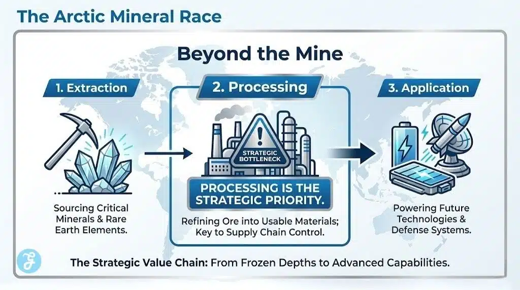 Three-step infographic showing the Arctic mineral race: extraction, strategic processing bottlenecks, and defense applications.