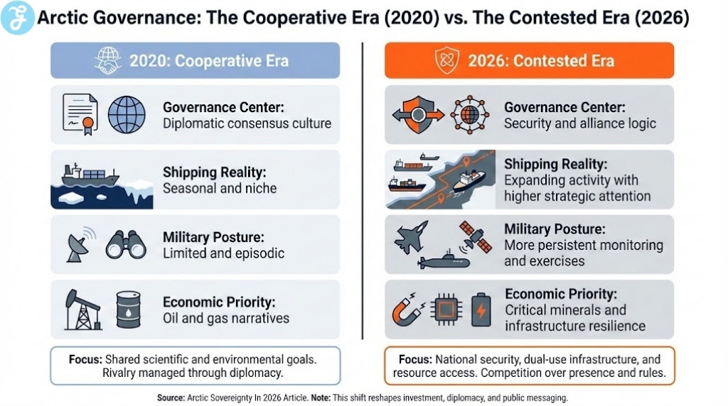 Comparison infographic of Arctic governance transitions from 2020 diplomatic consensus to 2026 security-first alliance logic.