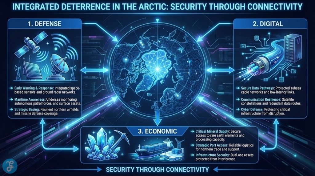 Diagram illustrating Arctic integrated deterrence through defense sensors, digital subsea cables, and economic resource security.