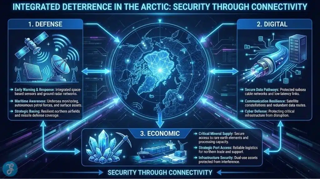 Diagram illustrating Arctic integrated deterrence through defense sensors, digital subsea cables, and economic resource security.