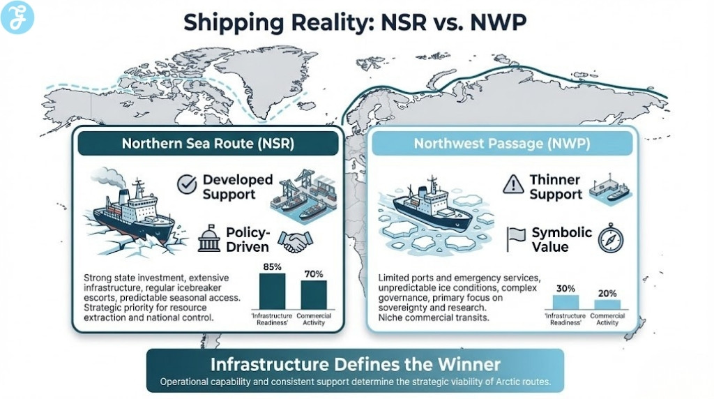 Comparative analysis of Northern Sea Route and Northwest Passage infrastructure readiness and commercial strategic value.