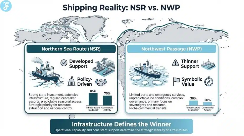 Comparative analysis of Northern Sea Route and Northwest Passage infrastructure readiness and commercial strategic value.
