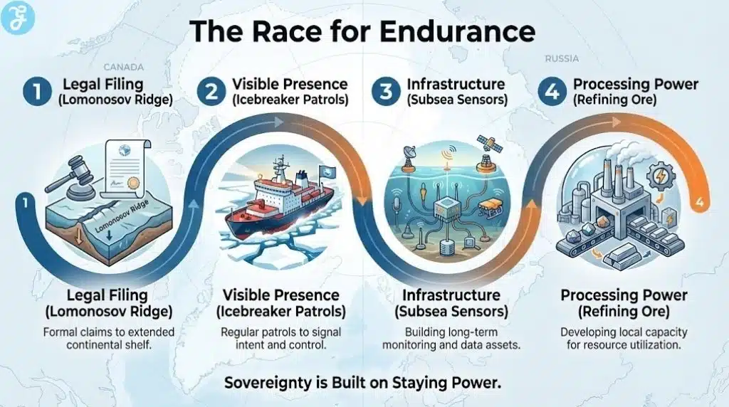 A four-step roadmap to Arctic sovereignty featuring legal claims, icebreaker presence, subsea sensors, and resource processing.