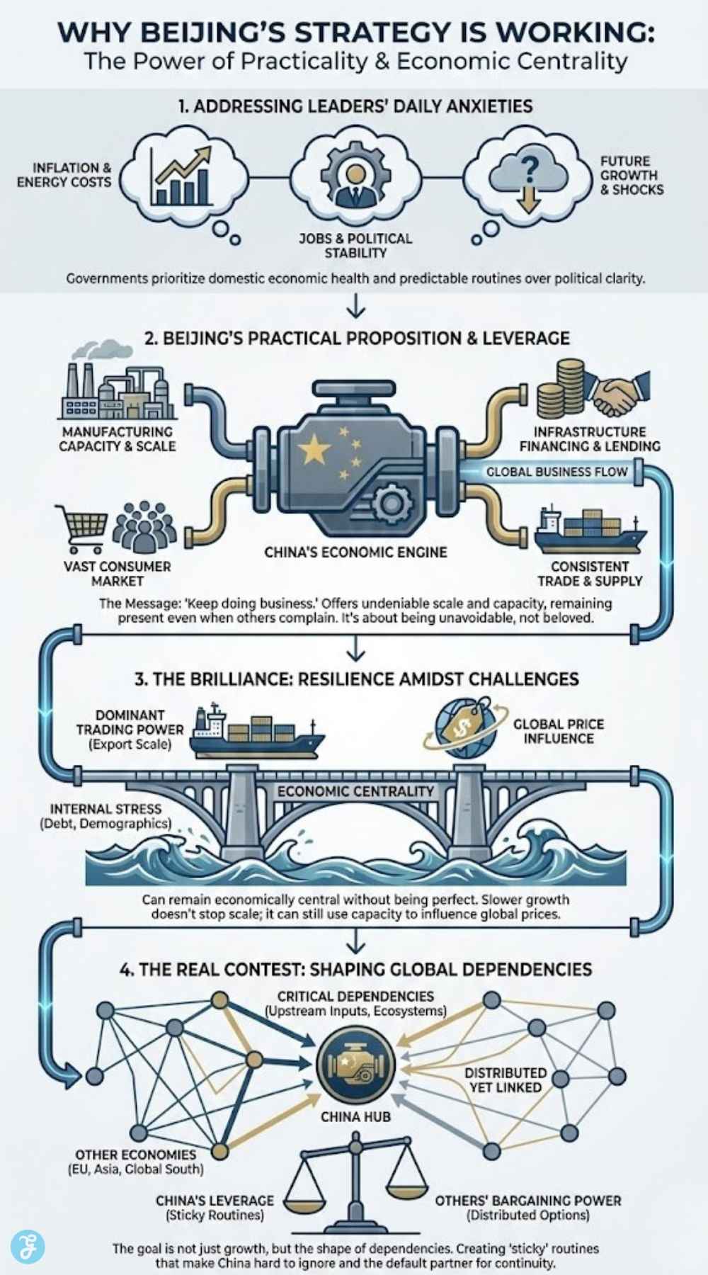 A professional vertical infographic titled "Why Beijing’s Strategy is Working," detailing how China addresses leaders' daily anxieties through manufacturing scale, infrastructure financing, and a "keep doing business" message that creates sticky routines and leverage.