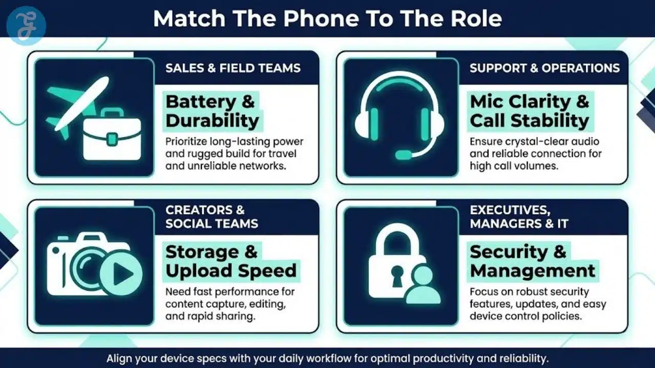 Comparison chart matching remote job roles like sales, support, and executives to specific smartphone requirements such as battery life, call quality, and security.