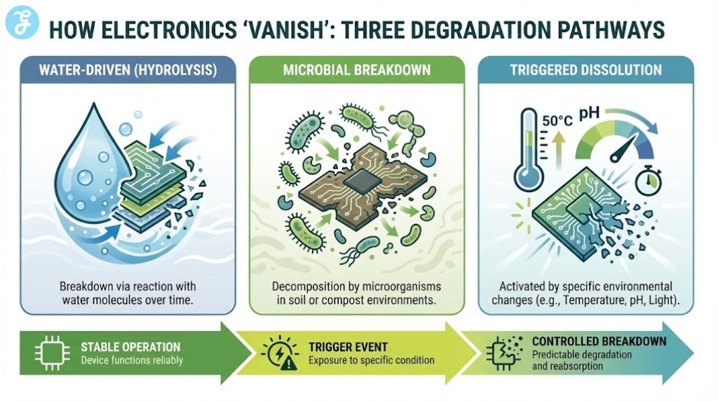 Infographic illustrating the three main degradation pathways for biodegradable electronics: Hydrolysis, Microbial Breakdown, and Triggered Dissolution.