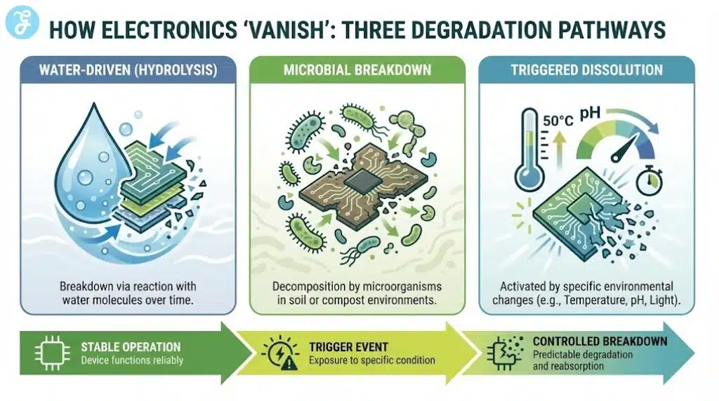 Infographic illustrating the three main degradation pathways for biodegradable electronics: Hydrolysis, Microbial Breakdown, and Triggered Dissolution.
