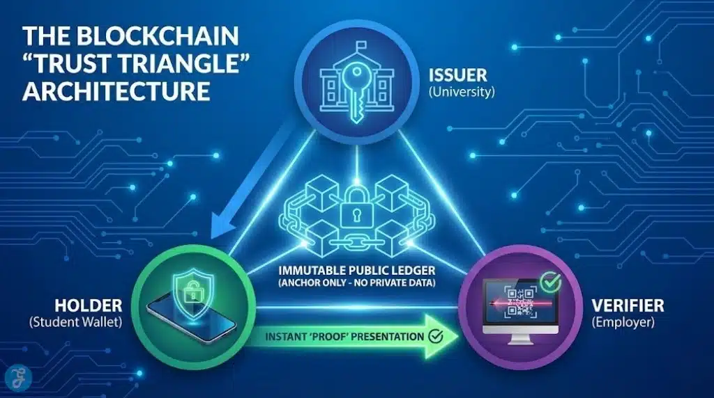 Diagram of the W3C blockchain trust triangle connecting university, student wallet, and employer.