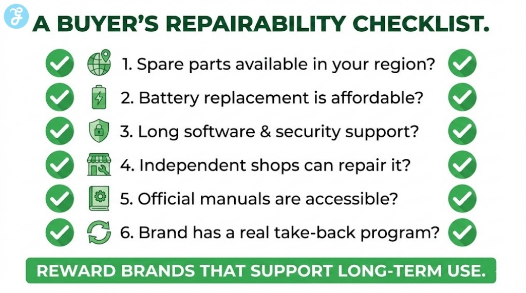 A practical checklist for consumers to evaluate a product's repairability before purchase, including parts availability, software support, and take-back programs.