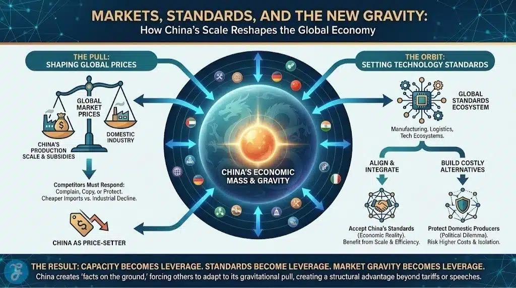 A professional 1280x720 infographic titled "Markets, Standards, and the New Gravity," showing China’s economic mass as a central orbit that shapes global prices and technology standards, forcing competitors to either align or build costly alternatives.