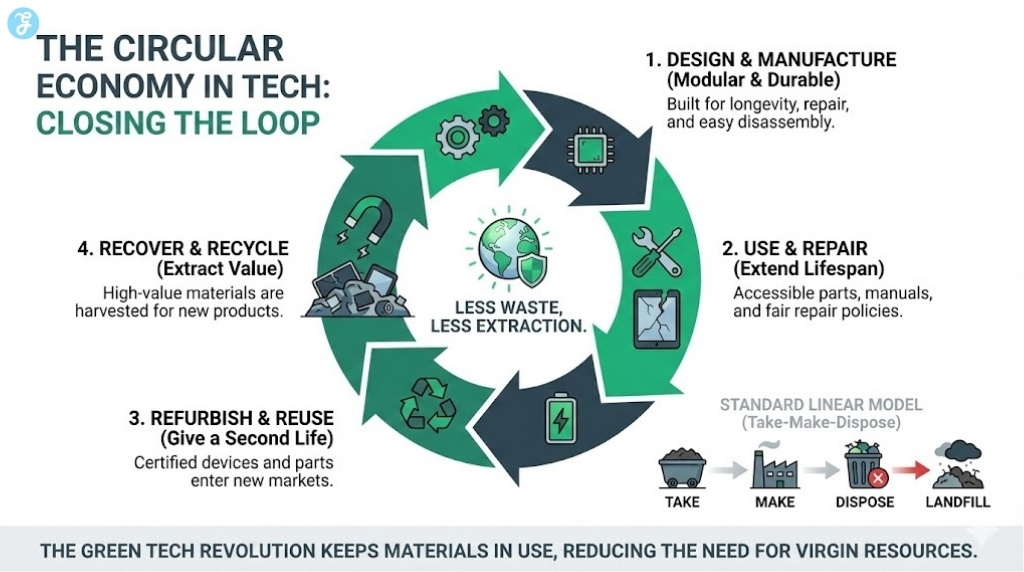 Infographic depicting the circular economy in technology, focusing on repair, refurbishment, material recovery, and modular design.