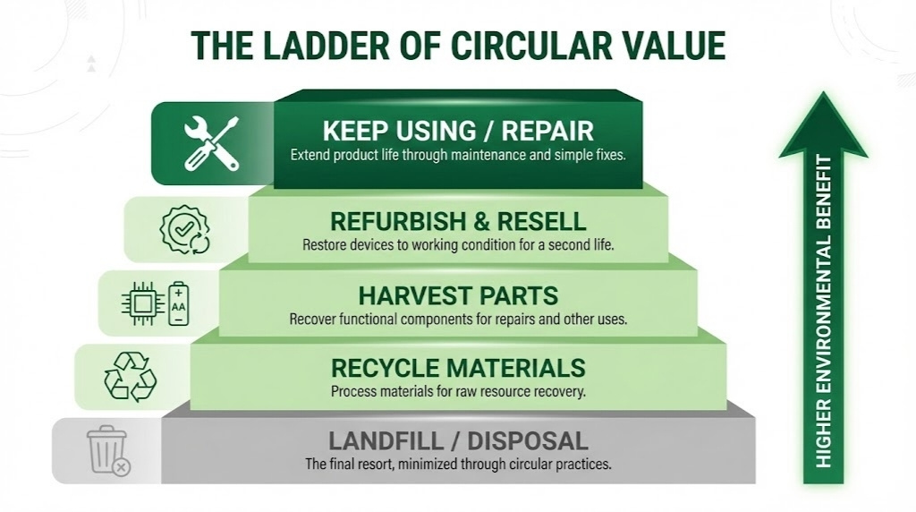 A ladder diagram illustrating the hierarchy of circular actions in tech, from "Keep Using" at the top (highest value) down to "Recycle" and "Dispose" (lowest value).