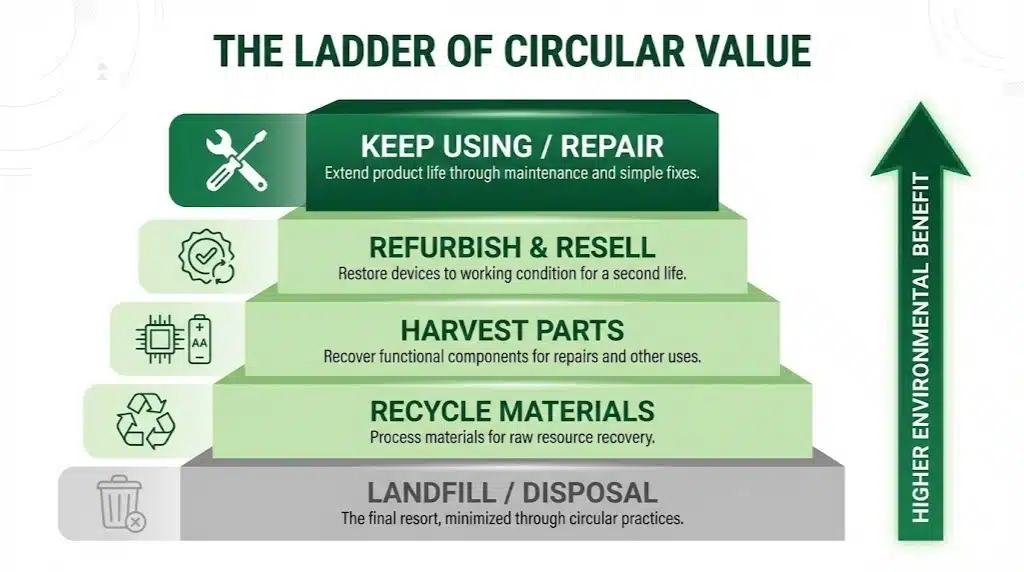 A ladder diagram illustrating the hierarchy of circular actions in tech, from "Keep Using" at the top (highest value) down to "Recycle" and "Dispose" (lowest value).