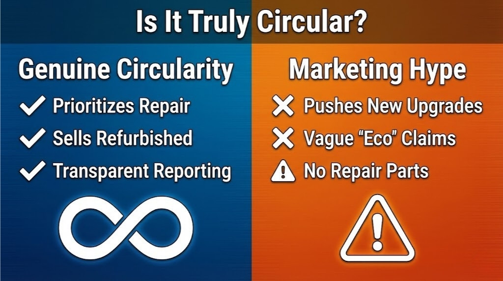 A split-screen comparison card contrasting a "True Circular Program" (Repair, Resale, Transparency) with "Greenwashing" (Upgrade-focused, vague recycling claims).
