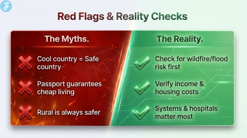 A comparison chart debunking common myths about climate migration, such as 'Cooler equals Safe' or 'Rural is better'.