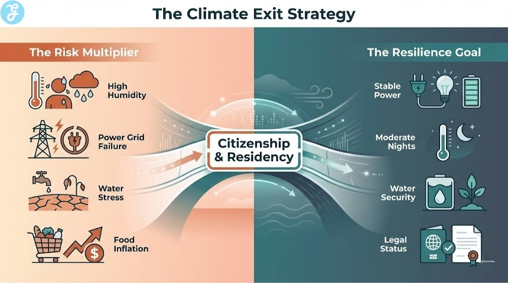 A modern infographic splitting the canvas between "Heat Stress" on the left and "Climate Resilience" on the right, connected by a passport bridge.