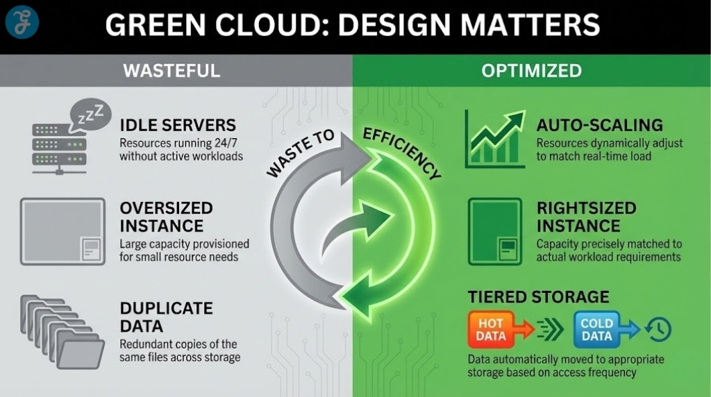 Split-screen infographic contrasting wasteful cloud practices like idle servers with optimized strategies like auto-scaling and tiered storage.