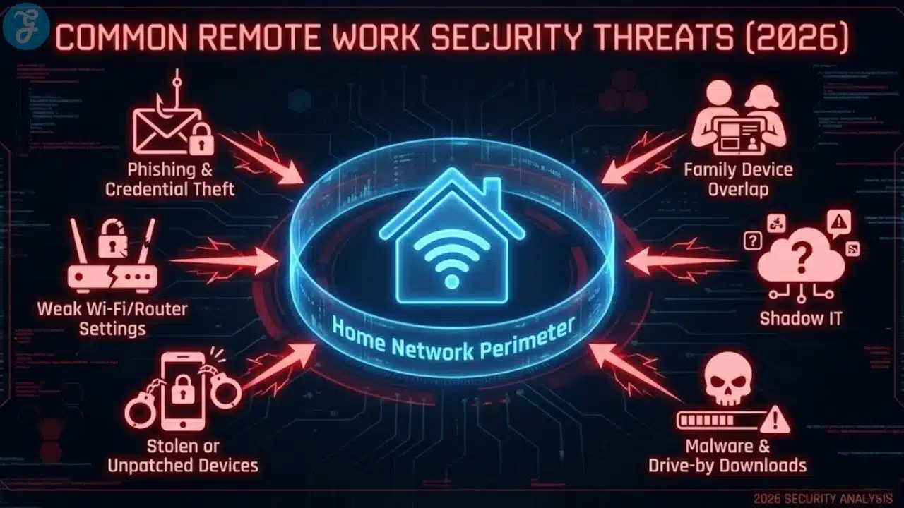 Infographic displaying common 2026 home office threats including phishing, weak Wi-Fi, shadow IT, and device overlap.