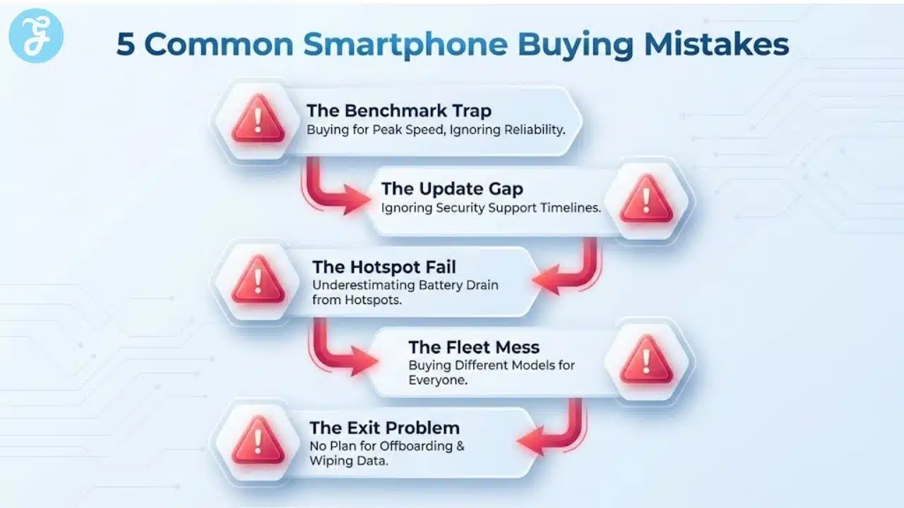 visual list of common errors when buying smartphones for business, including ignoring security support timelines and underestimating hotspot battery drain.