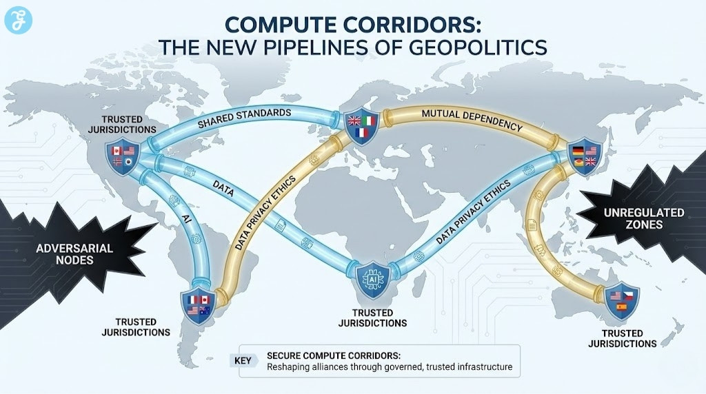 A global map infographic titled 'Compute Corridors: The New Pipelines of Geopolitics.' It visualizes glowing digital pipelines carrying data and AI models connecting allied 'Trusted Jurisdictions' based on shared standards, while bypassing dark areas labeled 'Adversarial Nodes' and 'Unregulated Zones.'